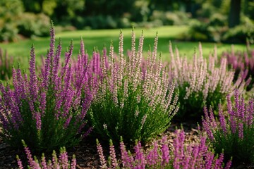 Seasonal floral display featuring blooming heathers in a park or garden setting