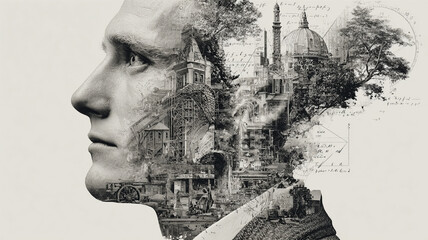 Double exposure of person head with architectural elements, trees, and mathematical formulas creating thoughtful and creative visual