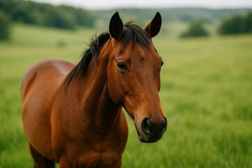 Close-up of a horse in a grassy field with selective focus