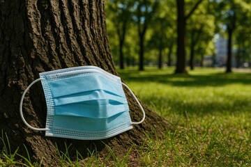 A protective face covering resting in an urban park to guard against a virus