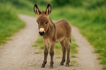 Fototapeta premium A juvenile donkey positioned on a rocky pathway