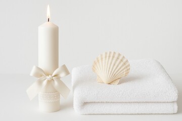 Ceremonial candle with seashell and towel arrangement