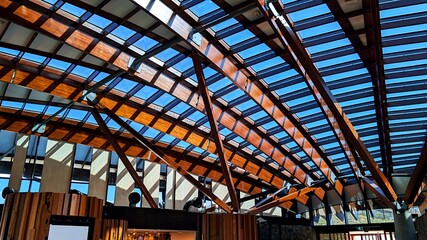 A roof structure inside the pavilion at Arboretum, Canberra, Australia.