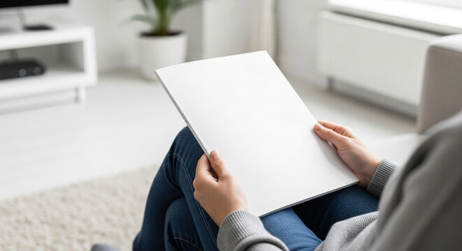 Person holding blank white magazine mockup in bright modern living room. Space for design or text.