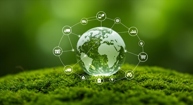 Sustainable Transportation & Renewable Resources, Global Network. Sustainable global transport. logistics or travel by Ship, car, train, airplane, truck, with clean energy and eco friendly process 