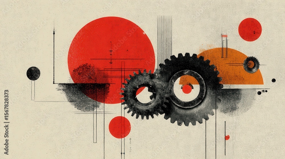 Wall mural abstract composition with gears and red circles in retro style