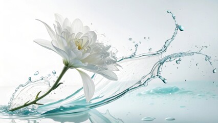 A delicate white flower gracefully interacts with a dynamic water splash creating a serene and refreshing visual