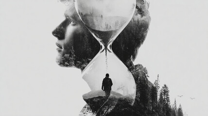 Double exposure of silhouette and hourglass with person walking inside, blending nature and time in thoughtful black and white image