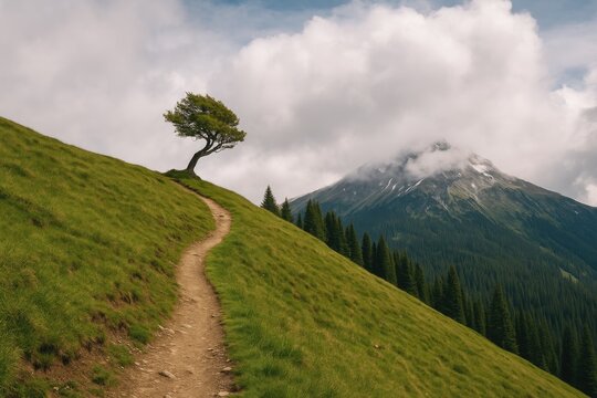 A solitary tree standing tall against the wind at the base of a mountain, with distant pines and snow-capped summit shrouded in clouds
