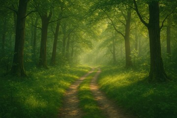 Obraz premium Enchanted woodland pathway captured in a dreamy, atmospheric scene