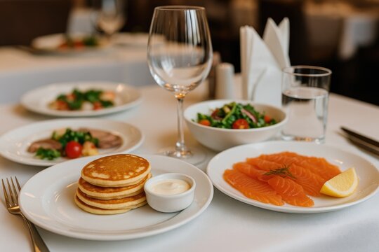 Detailed view of pancakes, smoked salmon, and fresh salad on a plate