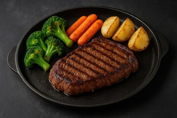 Juicy beef steak paired with roasted vegetables on a sizzling black metal plate
