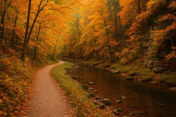 Fototapeta premium A calm autumn stroll through a forested area with colorful leaves, a gentle stream, and rugged cliffs lining the trail