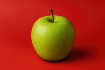 Vibrant red backdrop featuring a lush green apple