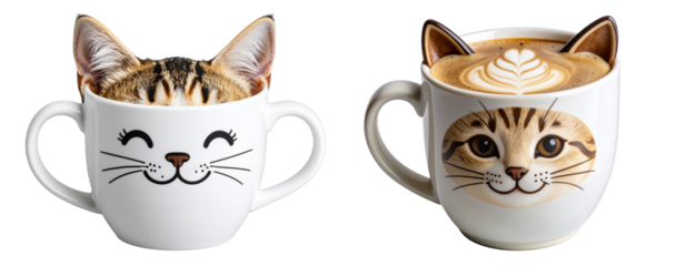 Adorable Cat Face Mug with Ears Filled with Coffee, Isolated on Transparent Background
