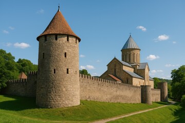 Obraz premium Historic 12th-century castle and fortress with ancient religious structures in a medieval city setting for summer travel and tourism