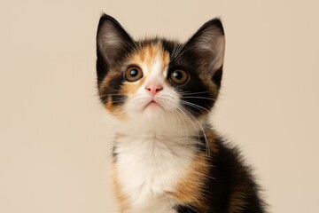 Adorable tiny three-colored kitten, 2.5 months, gazing upward