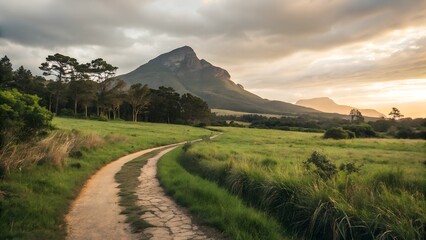 Fototapeta premium Golden Hour Mountain Path A Winding Trail Through a Verdant Field Towards a Majestic Peak Under an Overcast Sky.