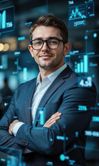 Fototapeta premium White male business leader with short hair and glasses, arms crossed with a confident smile while interacting with floating data