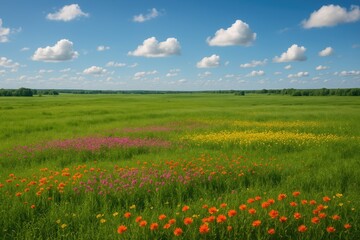 Expansive scenery featuring vibrant green foliage and blooming floral patches