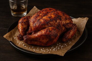 Oven-roasted succulent chicken with a crunchy exterior, seasoned with spices, served on a dark wooden surface with sea salt and baking paper.