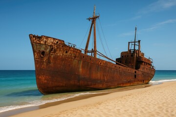 A weathered vessel resting on the shoreline