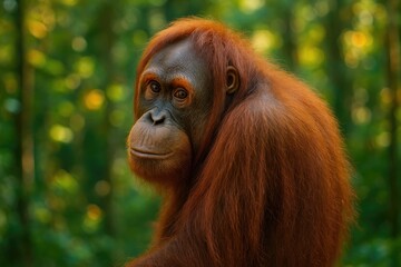 A vibrant wildlife shot of an orangutan glancing over its shoulder at the camera