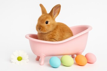A cute brown rabbit relaxing in a pink bathtub surrounded by Easter eggs on a white backdrop.