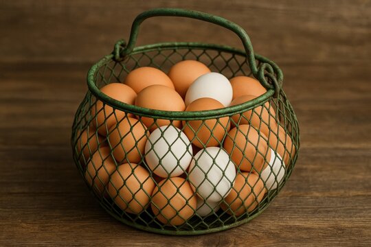 Vintage-style green wire container filled with fresh farm eggs - Powered by Adobe