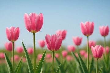 Obraz premium Elegant pink tulips blooming in a natural setting against a gentle blue sky
