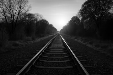 Obraz premium Monochrome train track scene featuring sunlight and shadows