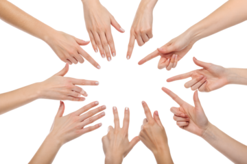 Circle of female hands pointing to the center on a white background.
