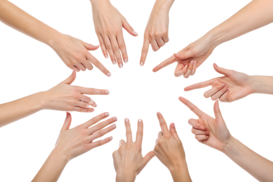 Circle of female hands pointing to the center on a white background. - Powered by Adobe
