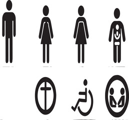 A set of eight restroom signs with different symbols including male female and accessibility icons