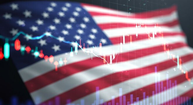 American flag backdrop with stock market chart overlay representing financial trends and investment