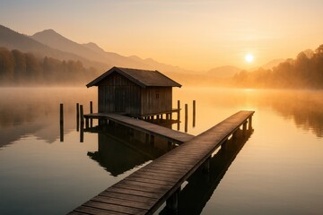 Serene early morning by the foggy lake featuring a rustic wooden boathouse and dock