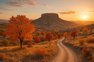 Fall scenery in rugged terrain with prominent rock formations