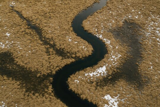 Bird's-eye perspective of a waterway and wetland during late winter