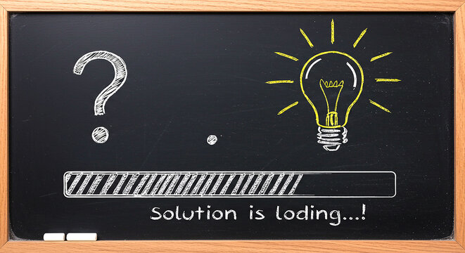 A chalkboard drawing of a question mark, loading bar, and lightbulb with the phrase solution is loding