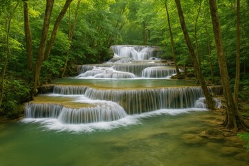 Obraz premium Serene landscape with cascading waterfall and lush greenery