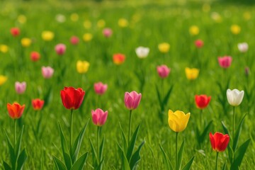Vibrant tulips blooming across a lush springtime meadow