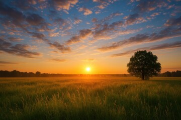 Fototapeta premium Stunning dawn sky over a lush meadow