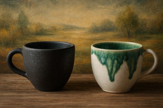 Artistic display of a matte black raku ceramic mug alongside a white glazed cup with green accents, set against a wooden surface - Powered by Adobe