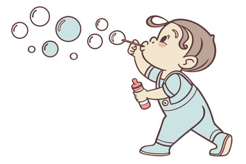 Vector cute Baby Boy cartoon character, with a determined look and puffed cheeks, trying to blow bubbles, wearing a light blue romper, in an adorable, active style, isolated on white background