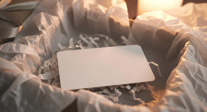 Blank white card nestled in soft tissue paper and shredded filler inside a gift box, ideal for personalized messages.