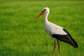 Fototapeta premium A white European stork perched on a grassy field