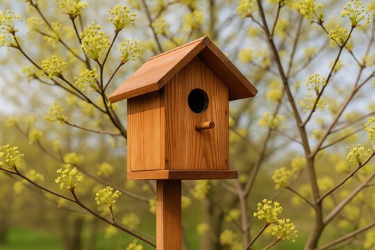 Artwork featuring a birdhouse amid blossoming trees