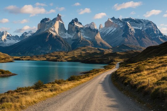 Stunning mountain scenery featuring a gravel pathway in southernmost Patagonia