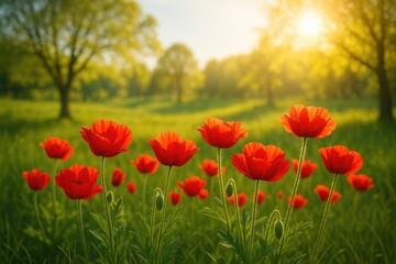 Obraz premium Vivid crimson blossoms awakening in springtime sunshine. The season of warmth approaches.