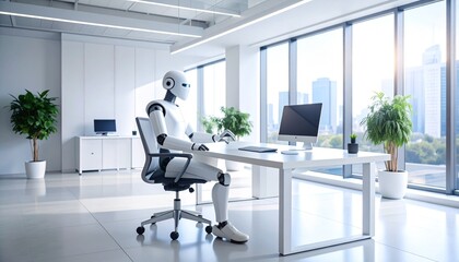 A futuristic robot sits at a desk, working in a bright, modern office setting.